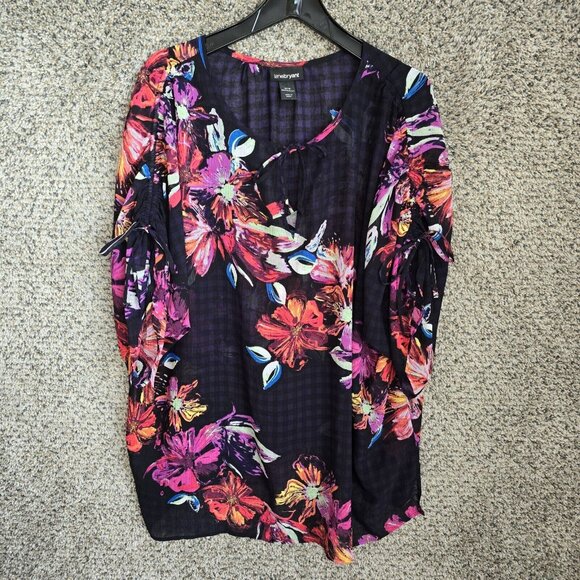 Lane Bryant Top Womens Plus 14/16 Navy Blue Sheer Chiffon Neck Tie Blouse Ladies - Picture 1 of 7